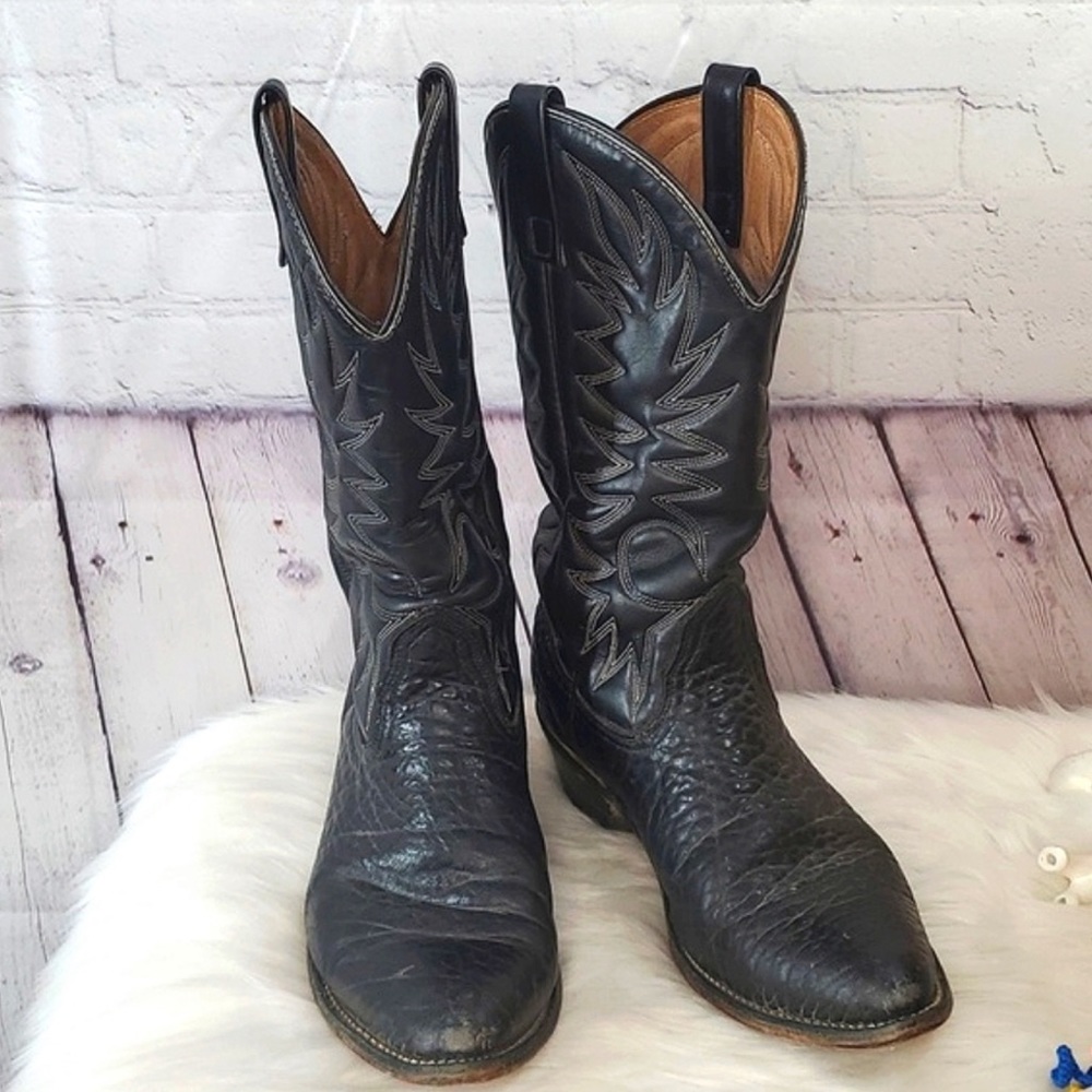 Black Leather Western Heeled Cowboy Boots USA Made Pointed Round Toe Mens Size 9